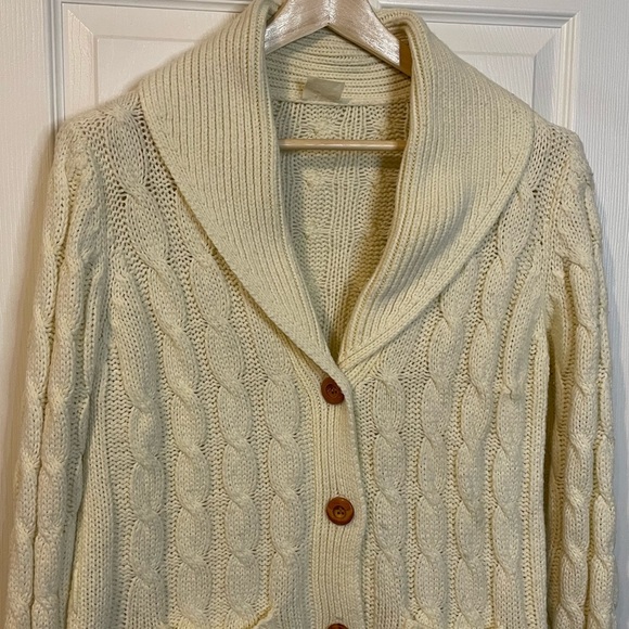 VTG ivory shawl collar acrylic cable knit cardigan w/ wooden buttons mens sz L - Picture 2 of 13